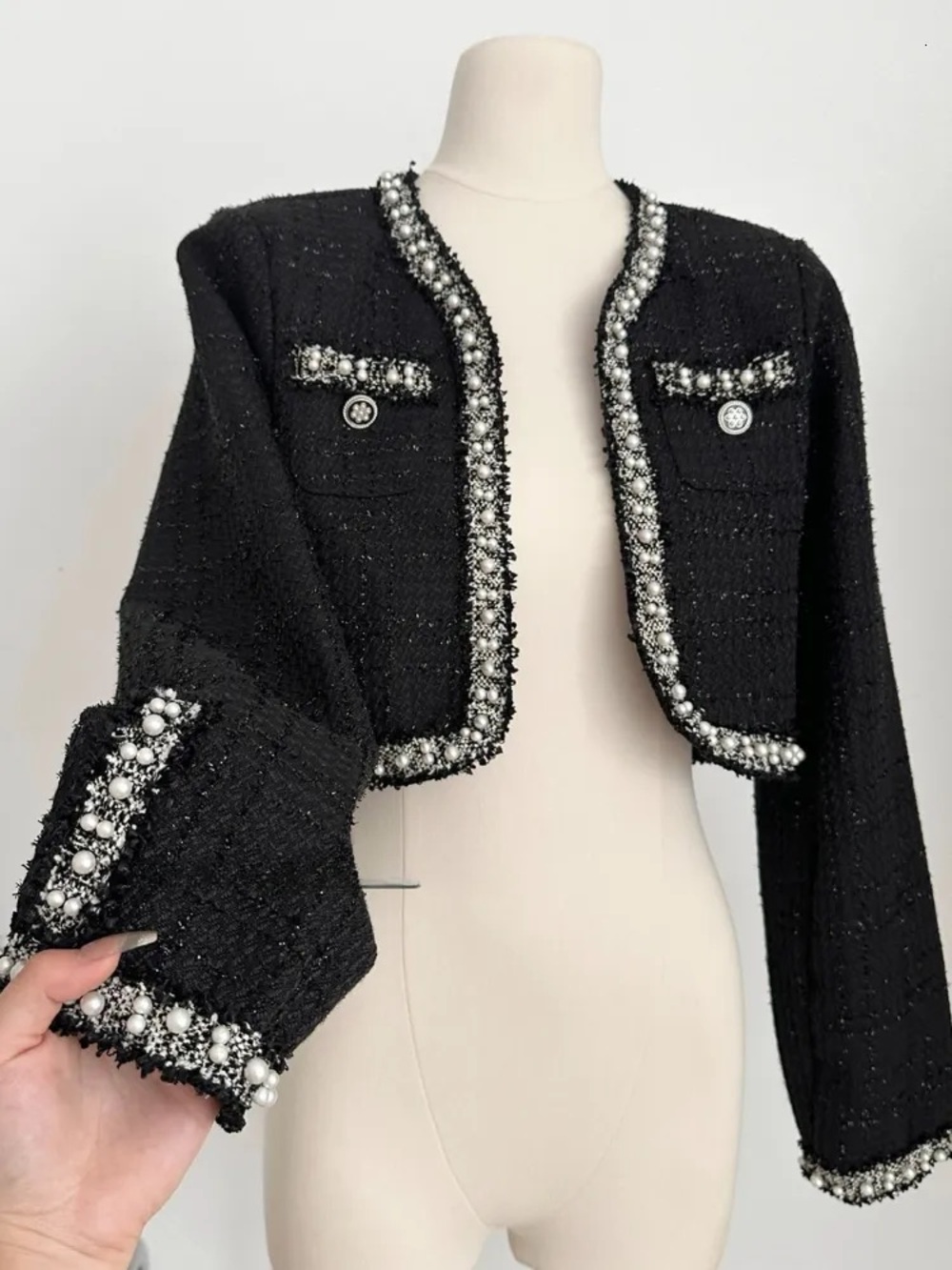 Pearl-Trim Black Tweed Cropped Jacket